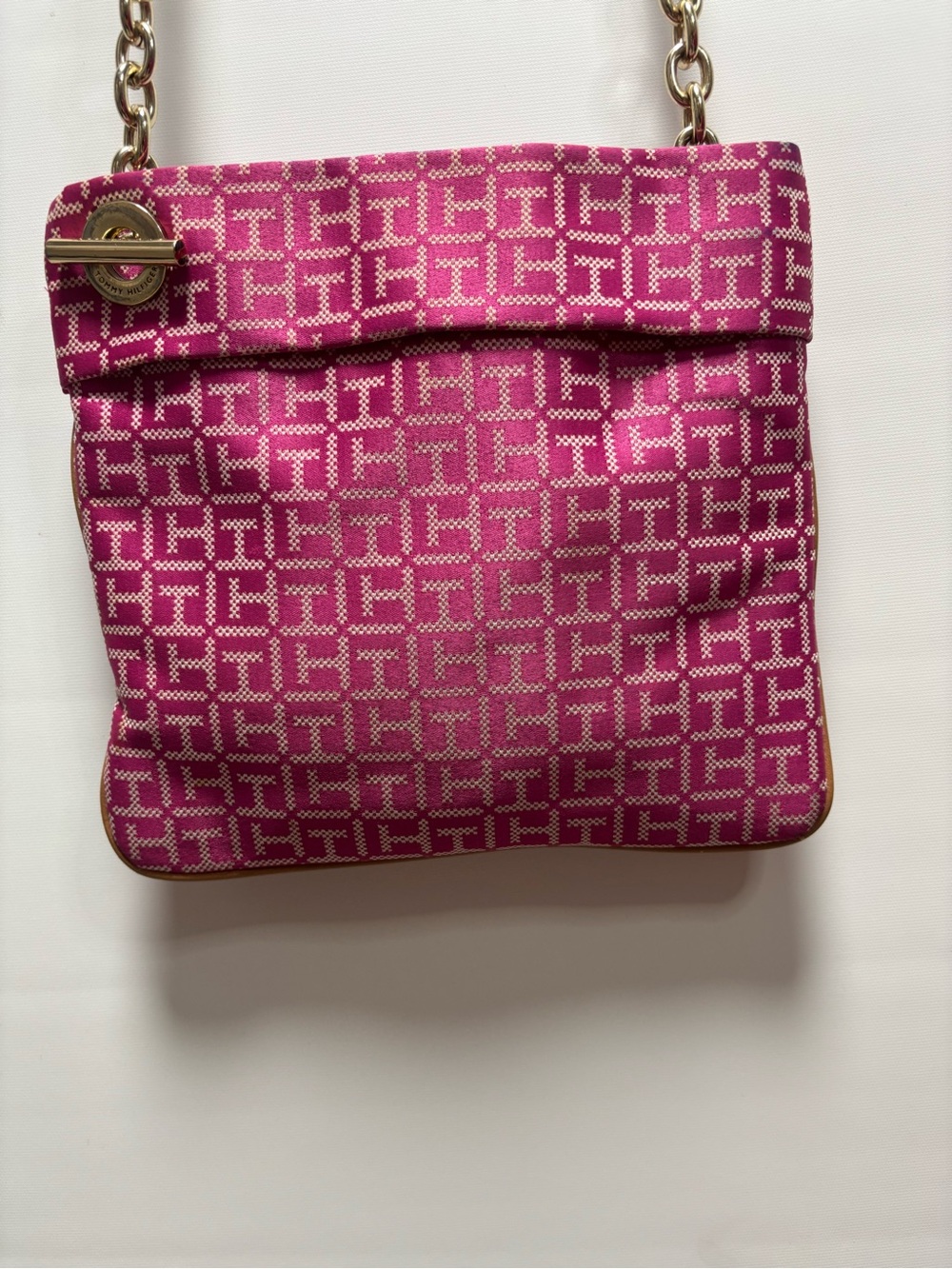 Tommy Hilfiger Pink Patterned Crossbody Bag with Gold Chain
